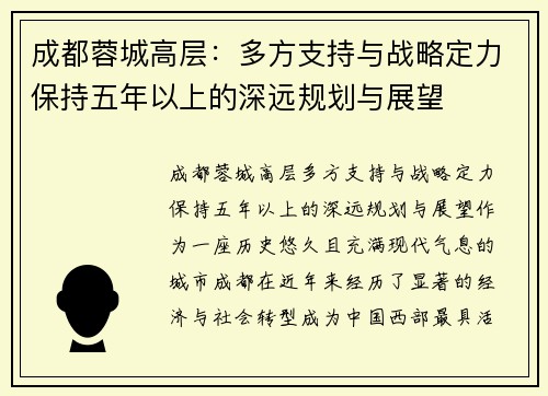 成都蓉城高层：多方支持与战略定力保持五年以上的深远规划与展望